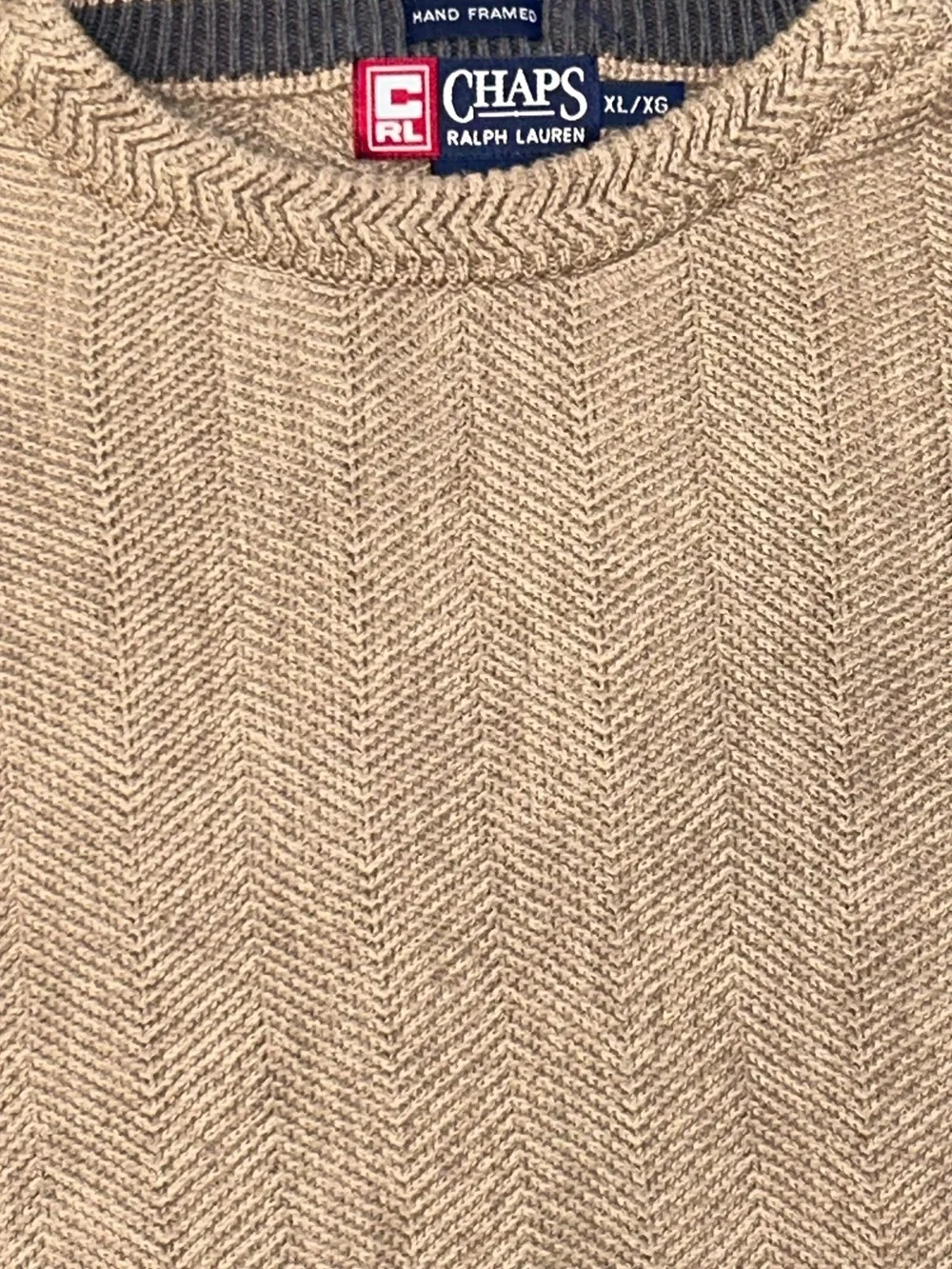 VTG 90 Chaps Ralph Lauren beige Herringbone Knit Sweater Men Crest Hand Frame